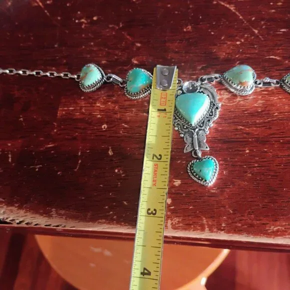 Turquoise Heart Stone Sterling Silver Lariat Necklace Butterfly Flower Southwest - Picture 9 of 12